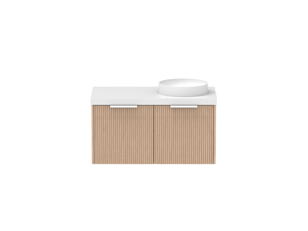 Supporting Image - Kado Neue Fluted Square 900mm Wall Hung Vanity with Right Basin 50mm Top Blonde Oak