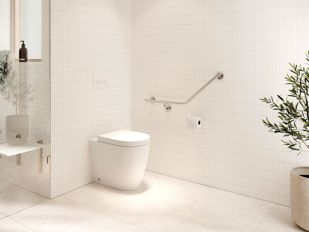 In Situ - Mizu Commercial Bathroom - Wolfen Back to Wall Toilet Brushed Nickel