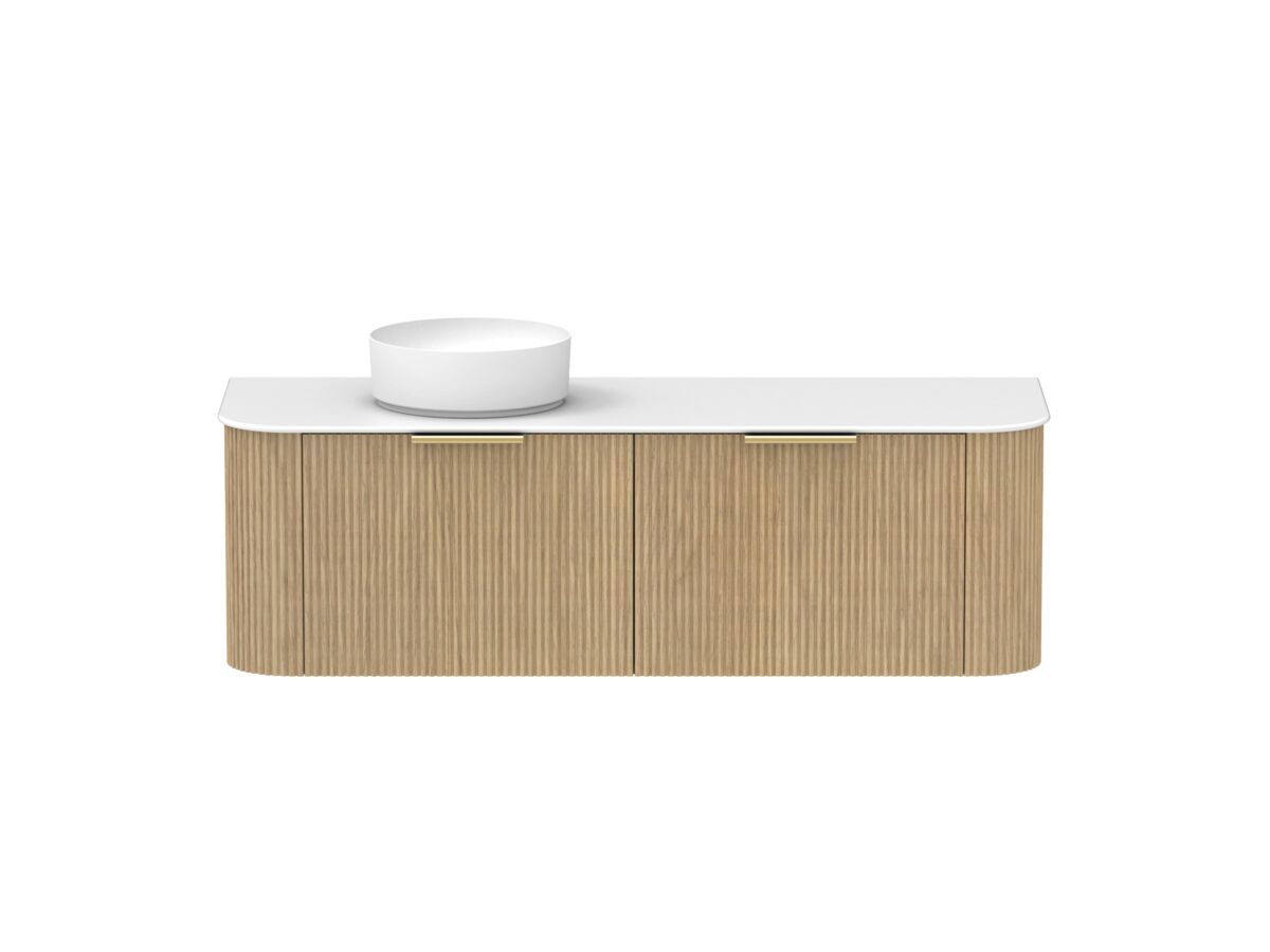 Supporting Image - Kado Neue Fluted Double Curve All Drawer 1500 Wall Hung Vanity with Left Hand Basin Durasein 12mm Top Boston Oak