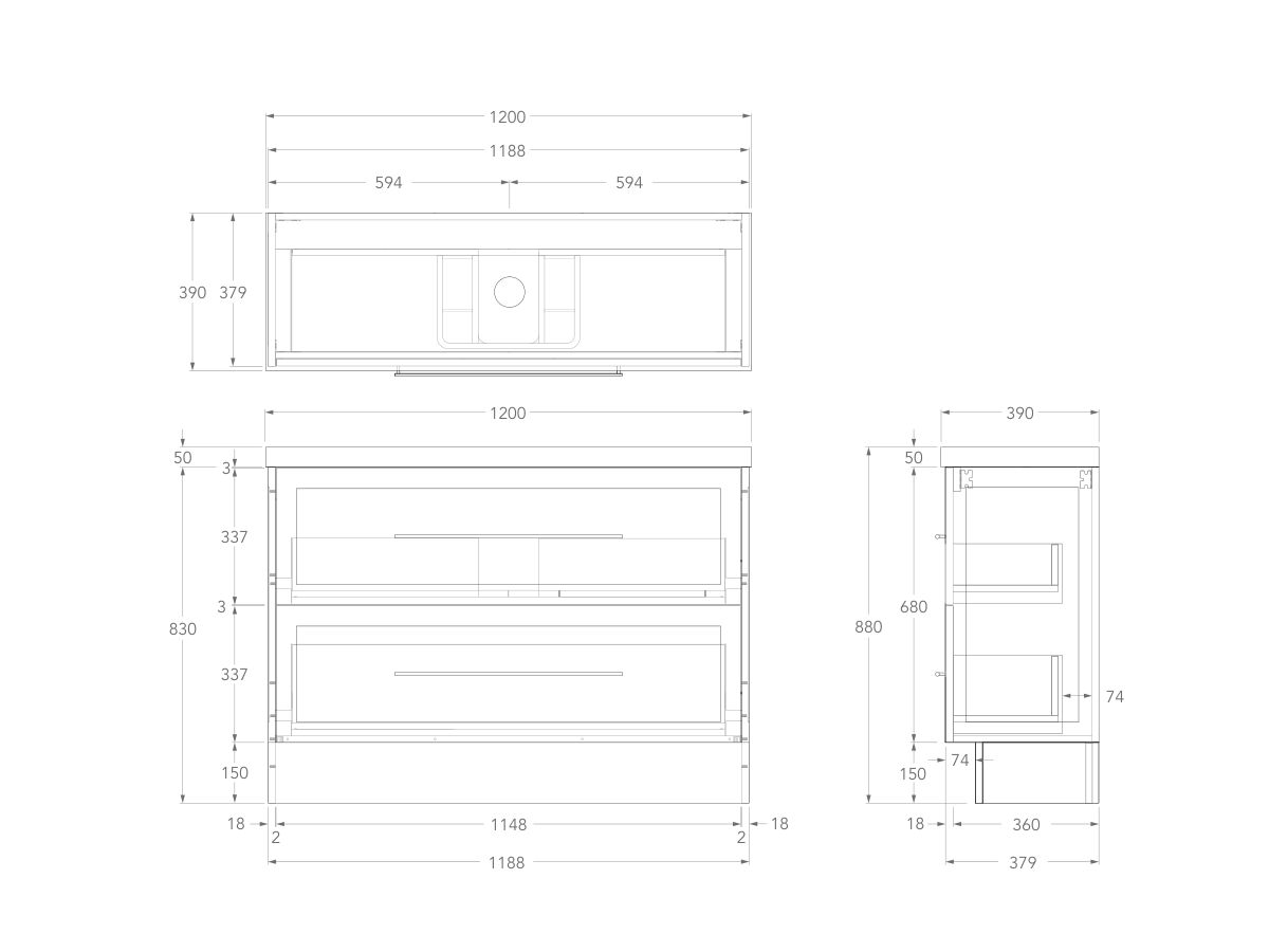 Technical Drawing - Kado Lux Ensuite All Drawer Twin 1200mm Floor Mount Centre Basin 50mm Top