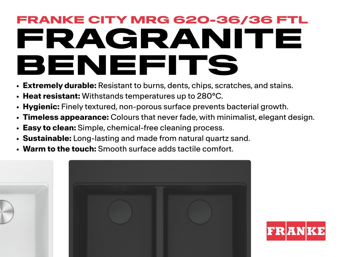 Franke City Fragranite Double Bowl 360mm Bowl + 360mm Bowl Inset Sink with Tap Ledge Benefits