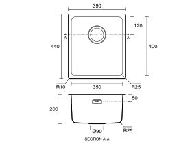 Technical Drawing - Memo Oscar Inset/Undermount Compact Single Bowl Sink 350mm Overflow No Taphole