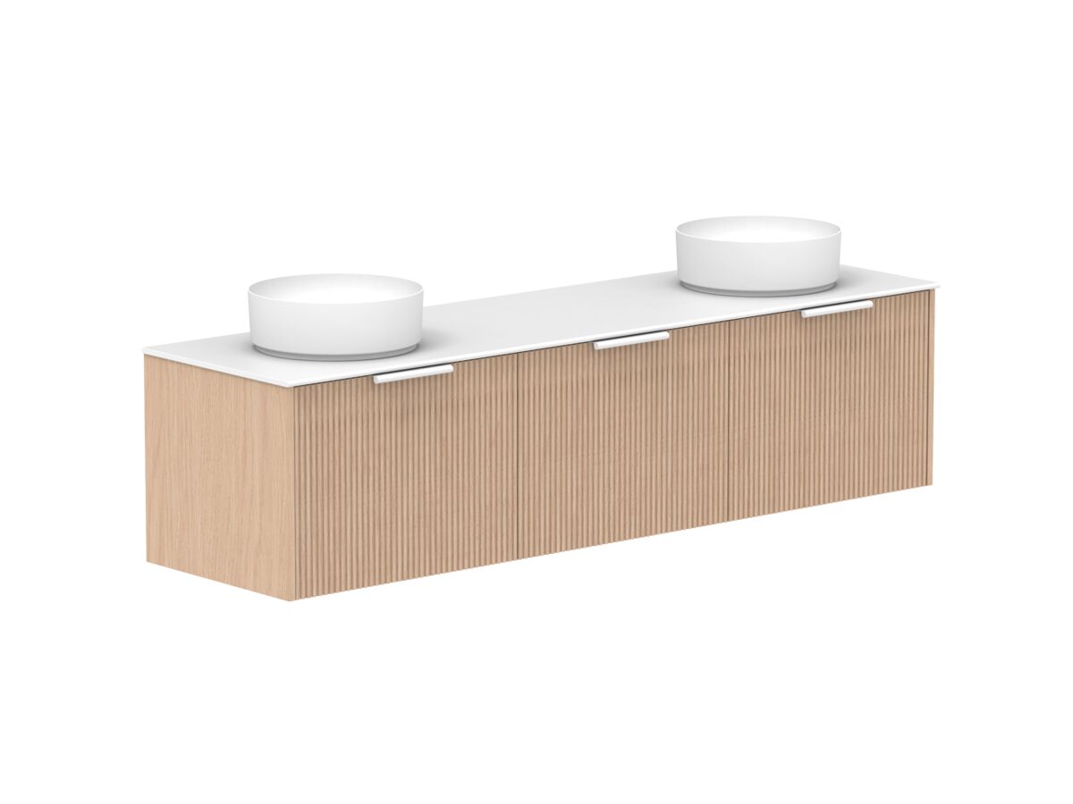 Supporting Image 2- Kado Neue Fluted Square All Drawer 1800mm Wall Hung Vanity with Double Basin Durasein 12mm Top Blonde Oak