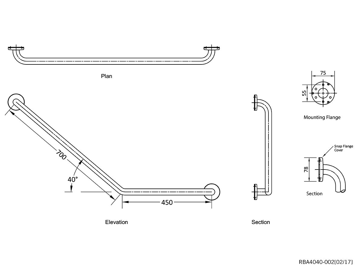 Grab Rail 40 deg C Angled 450mm x 700mm Right Hand Stainless Steel