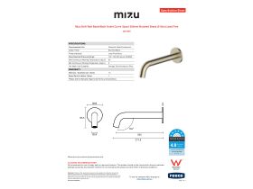 Specification Sheet - Mizu Drift Wall Basin/Bath Outlet Curve Spout 200mm Brushed Brass (6 Star) Lead Free