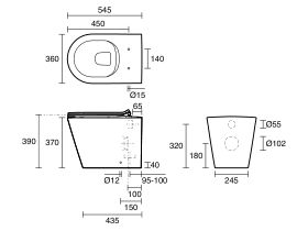 Technical Drawing - Kado Lux Rimless Plus Back to Wall Pan with Soft Close Quick Release Thin Seat White (4 Star)