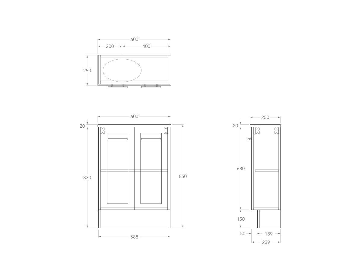 Technical Drawing - Kado Lux Petite 600mm Floor Mounted Vanity Left Hand Basin 20mm Top