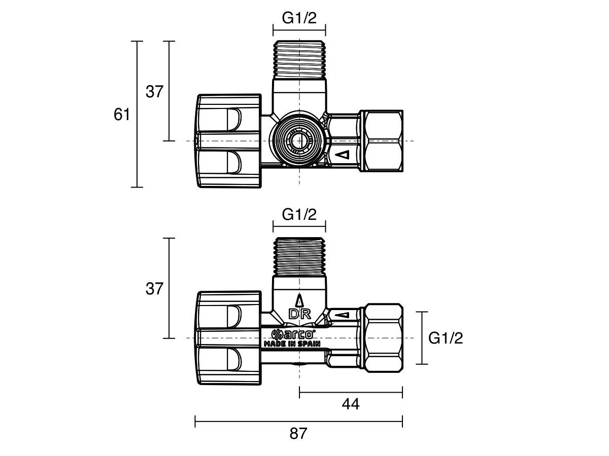 Technical Drawing - Arco Giro Twin Mini Stop Valve 15mm x 15mm x 15mm Lead Free