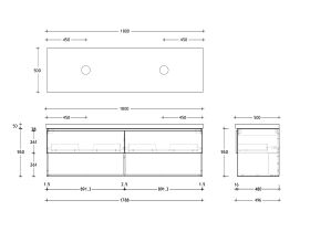 Technical Drawing - Posh Domaine 1800mm Wall Hung Vanity Unit All-Drawer Open Shelf Double Bowl 50mm Top