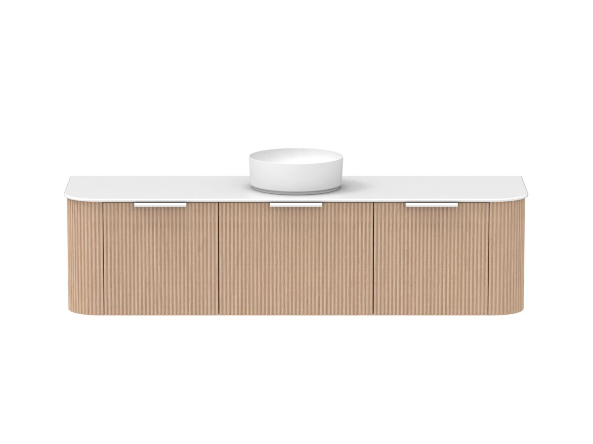 Supporting Image - Kado Neue Fluted Double Curve All Drawer 1800 Wall Hung Vanity with Centre Basin Durasein 12mm Top Blonde Oak