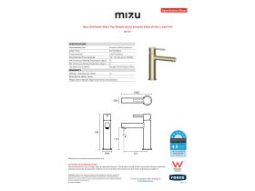 Specification Sheet - Mizu Drift Basin Mixer Tap Straight Spout Brushed Brass (6 Star) Lead Free