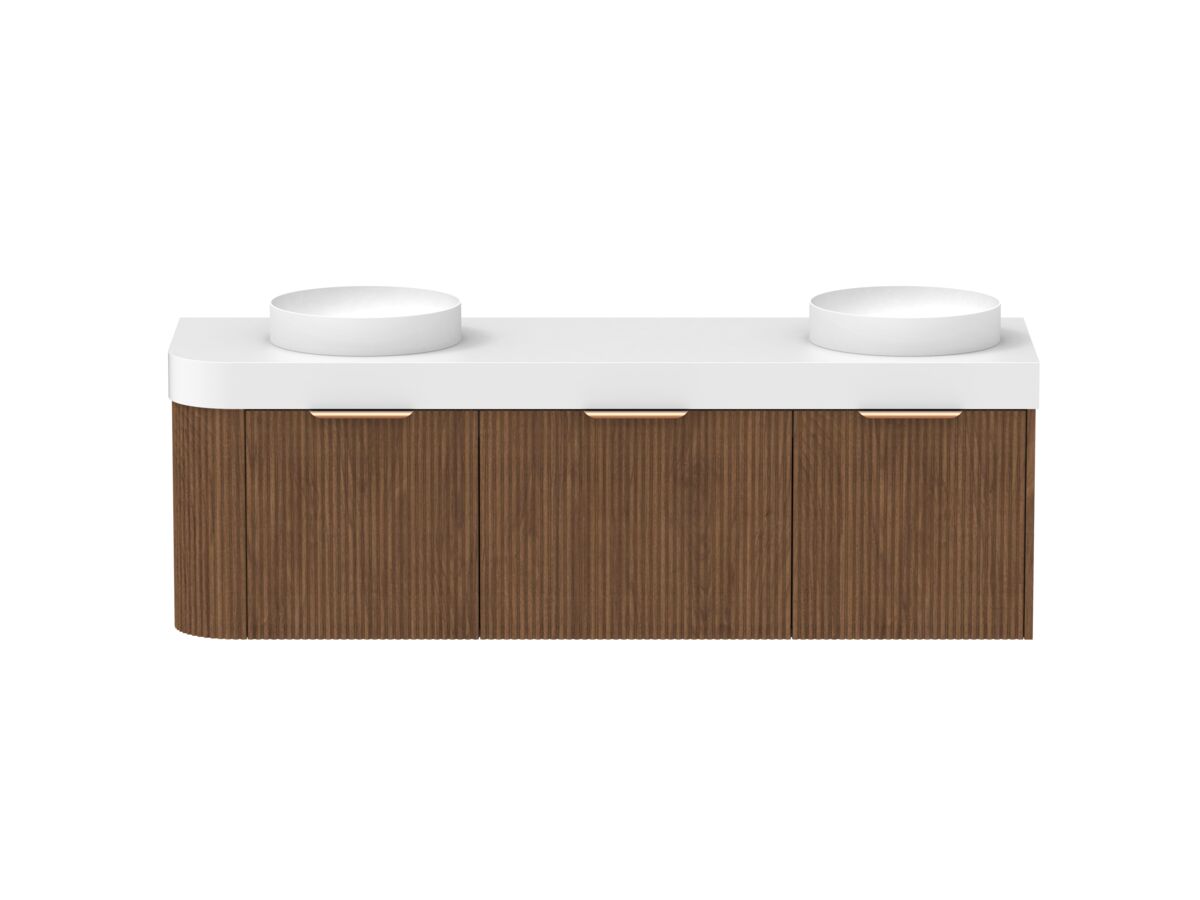 Supporting Image - Kado Neue Fluted Single Curve All Drawer 1650mm Wall Hung Vanity with Double Basin Durasein 90mm Top Florentine Walnut