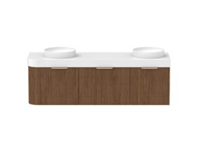 Supporting Image - Kado Neue Fluted Single Curve All Drawer 1650mm Wall Hung Vanity with Double Basin Durasein 90mm Top Florentine Walnut