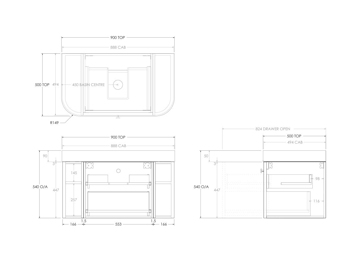 Technical Drawing - Kado Era Double Curve All Drawer 900mm Wall Hung Vanity Centre Basin 90mm Durasein Top