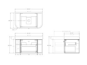 Technical Drawing - Kado Era Double Curve All Drawer 900mm Wall Hung Vanity Centre Basin 90mm Durasein Top