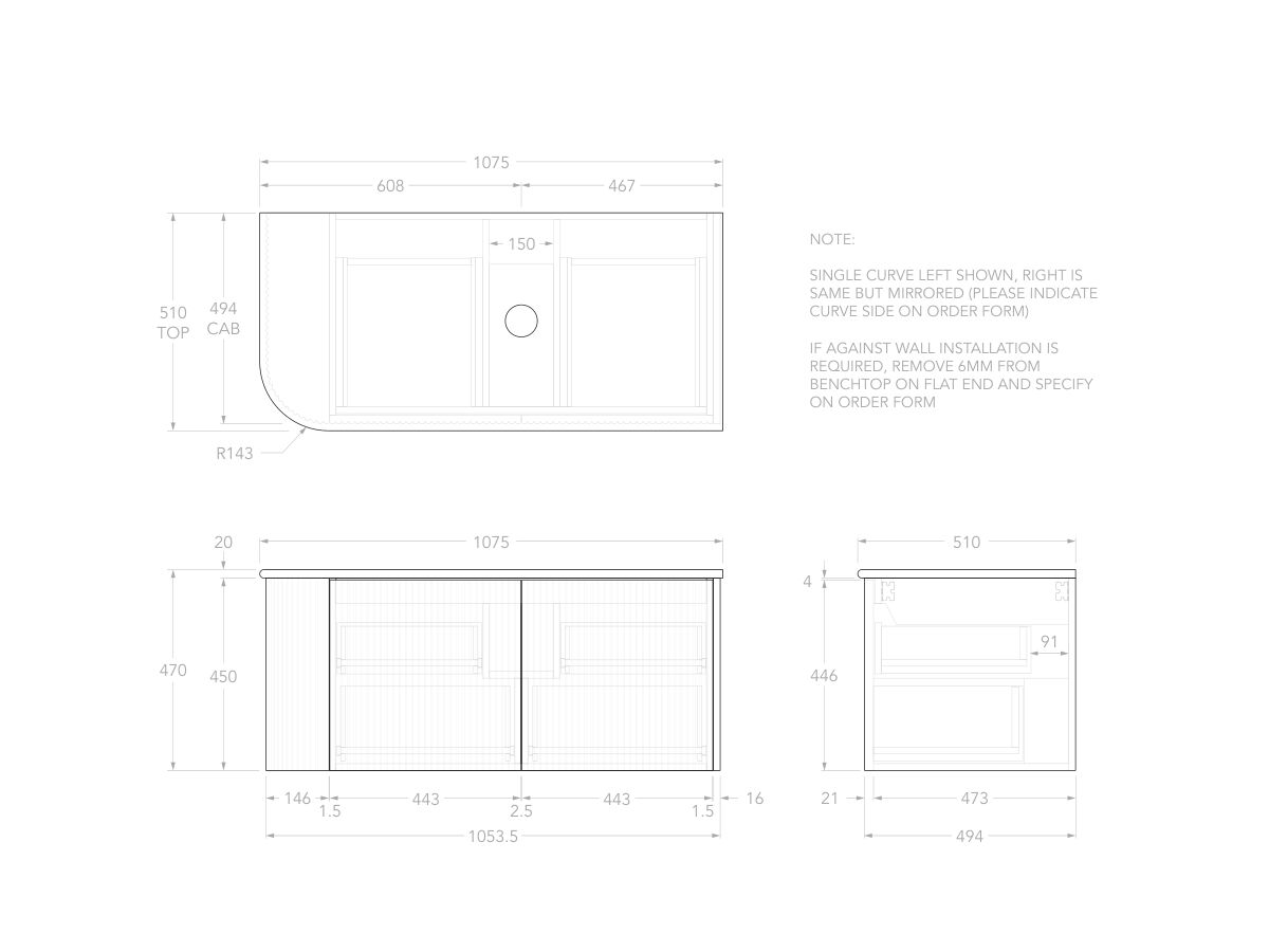 Technical Drawing - Kado Neue Fluted Single Curve All Drawer 1050mm Wall Hung Vanity with Centre Basin 20mm Top
