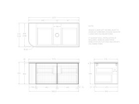 Technical Drawing - Kado Neue Fluted Single Curve All Drawer 1050mm Wall Hung Vanity with Centre Basin 20mm Top