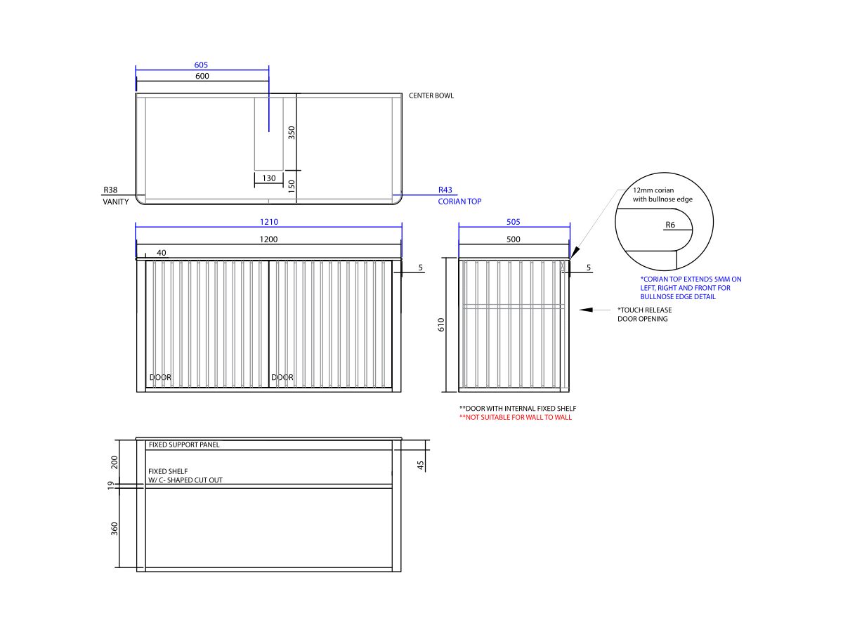 ISSY Cloud I 1200mm x 500mm x 610mm Wall Hung Vanity Unit 2 Touch Latch Doors Semi Inset (No Basin)