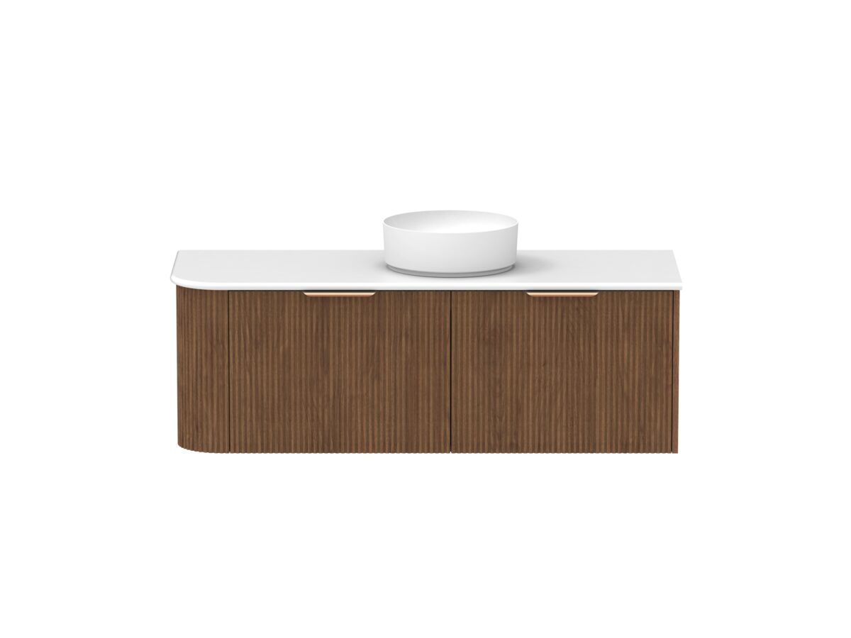 Supporting Image - Kado Neue Fluted Single Curve All Drawer 1350mm Wall Hung Vanity with Centre Basin 20mm Top Florentine Walnut