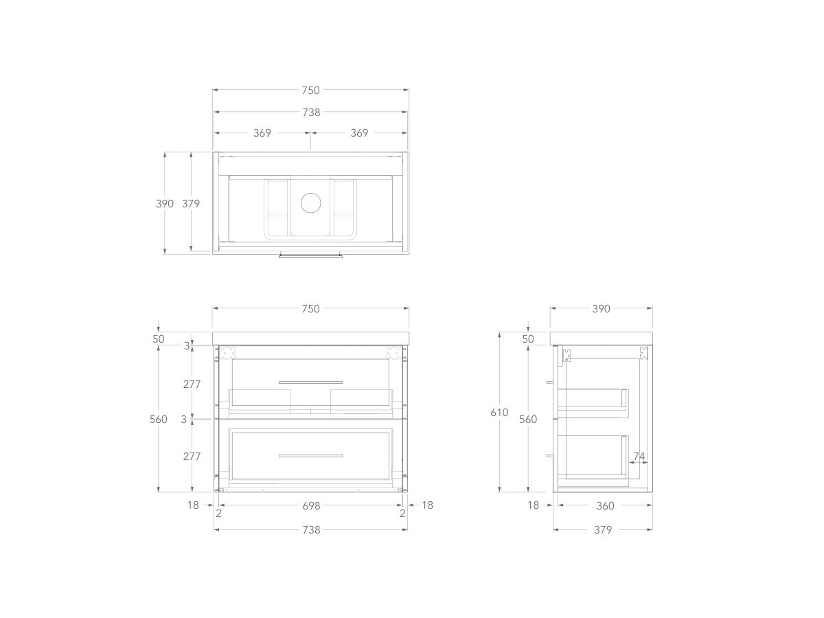 Technical Drawing - Kado Lux Ensuite All Drawer Twin 750mm Wall Hung Centre Basin 50mm Top