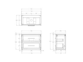 Technical Drawing - Kado Lux Ensuite All Drawer Twin 750mm Wall Hung Centre Basin 50mm Top