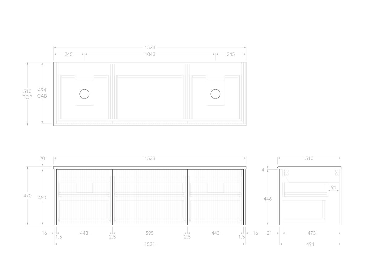 Technical Drawing - Kado Neue Fluted Square All Drawer 1500mm Wall Hung Vanity with Double Basin 20mm Top