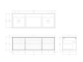 Technical Drawing - Kado Neue Fluted Square All Drawer 1500mm Wall Hung Vanity with Double Basin 20mm Top