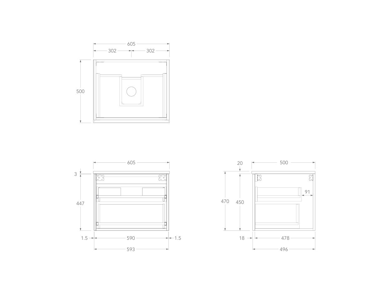 Technical Drawing - Kado Lux Slim All Drawer 600mm Wall Hung Vanity with Centre Basin 20mm Top