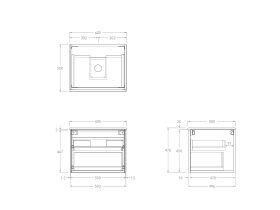 Technical Drawing - Kado Lux Slim All Drawer 600mm Wall Hung Vanity with Centre Basin 20mm Top