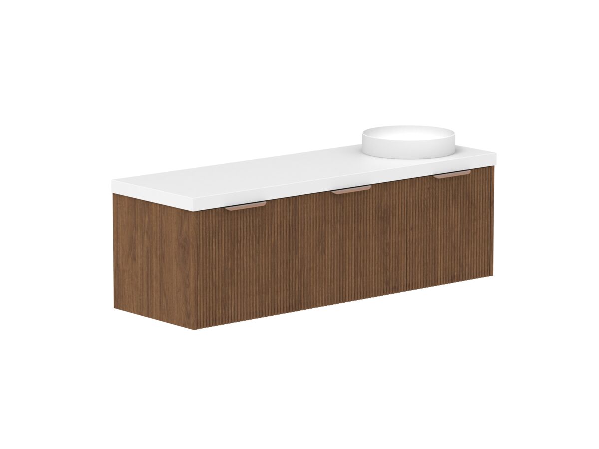 Hero - Kado Neue Fluted Square All Drawer 1500mm Wall Hung Vanity with Right Hand Basin 50mm Top Florentine Walnut