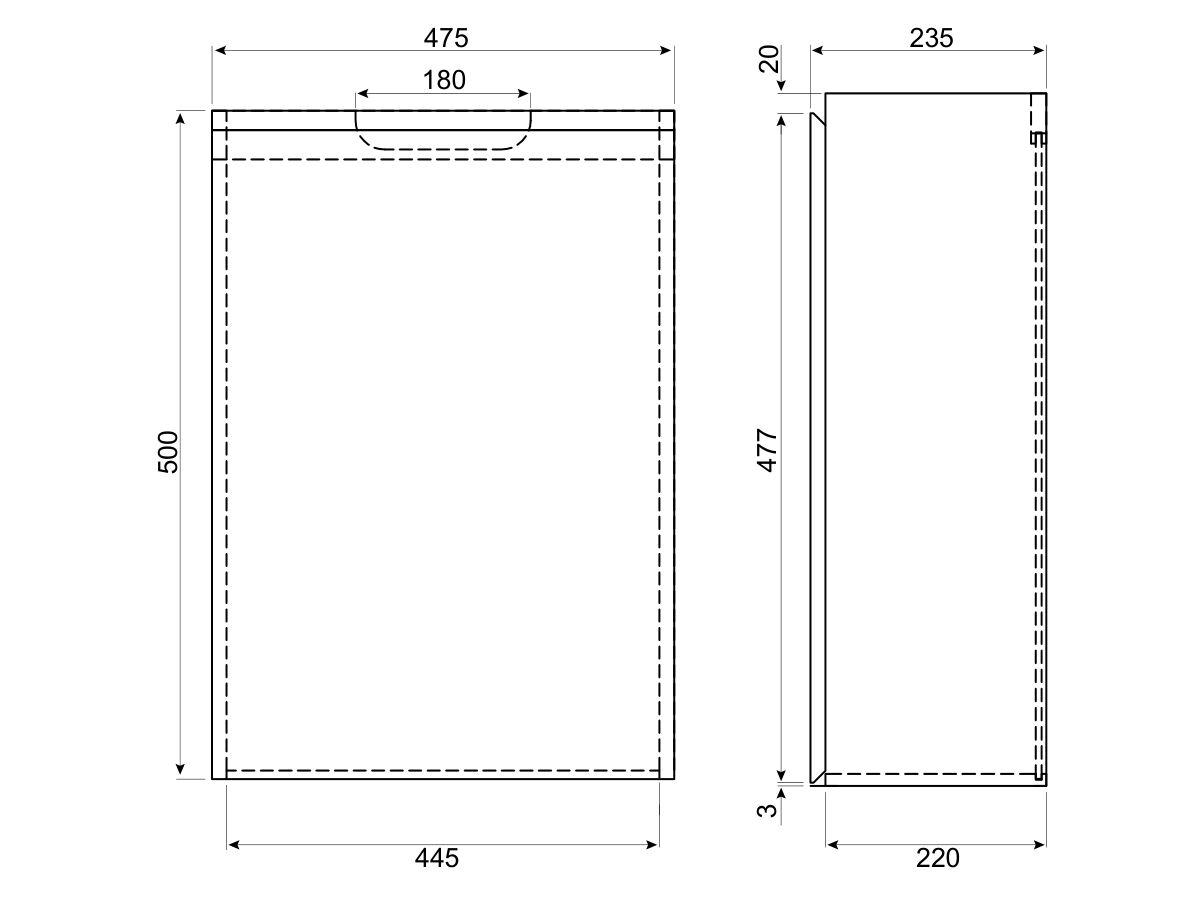 Technical Drawing Posh Solus Powder Room Wall Hung Cabinet Only White
