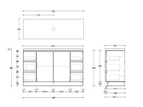 Technical Drawing - Posh Domaine 1500mm Floor Mount Vanity Unit Conventional Single Bowl 50mm Top