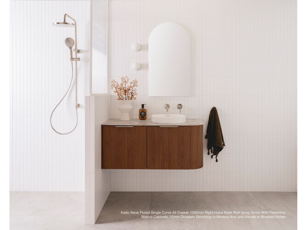 Kado Neue Fluted Single Curve All Drawer 1050mm right hand bowl Wall Hung vanity with Florentine Walnut cabinets, 12mm Durasein benchtop in Nimbus and Aria handle in Brushed Nickel