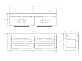 Technical Drawing - Kado Lux 1800mm All Drawer Wall Hung Vanity Unit 4 Drawers Double Bowl Vanity 50mm Top