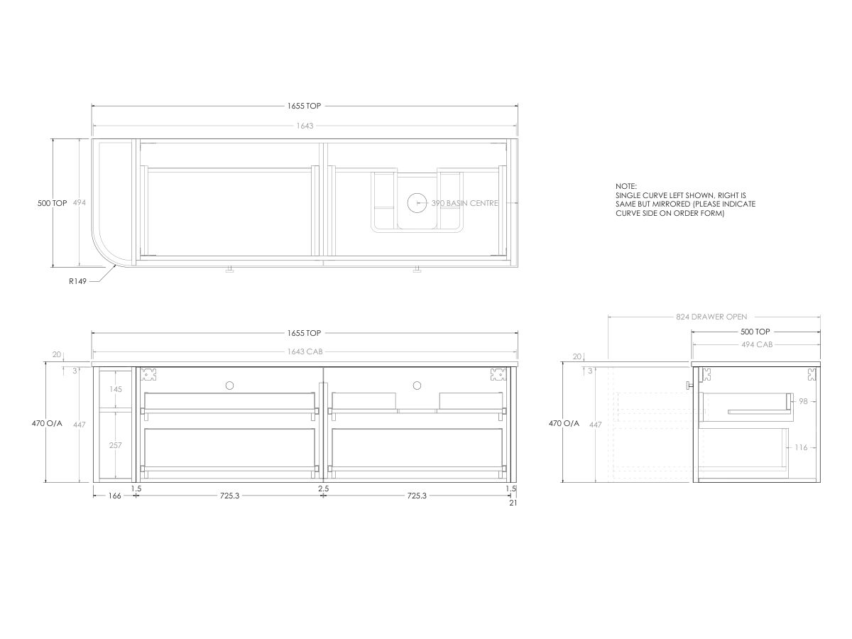 Technical Drawing - Kado Era Single Curve All Drawer 1650mm Wall Hung Vanity with Right Hand Basin 20mm Top