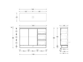 Technical Drawing - Posh Domaine 1200mm Ensuite Floor Mount Vanity Unit Single Bowl 50mm Top