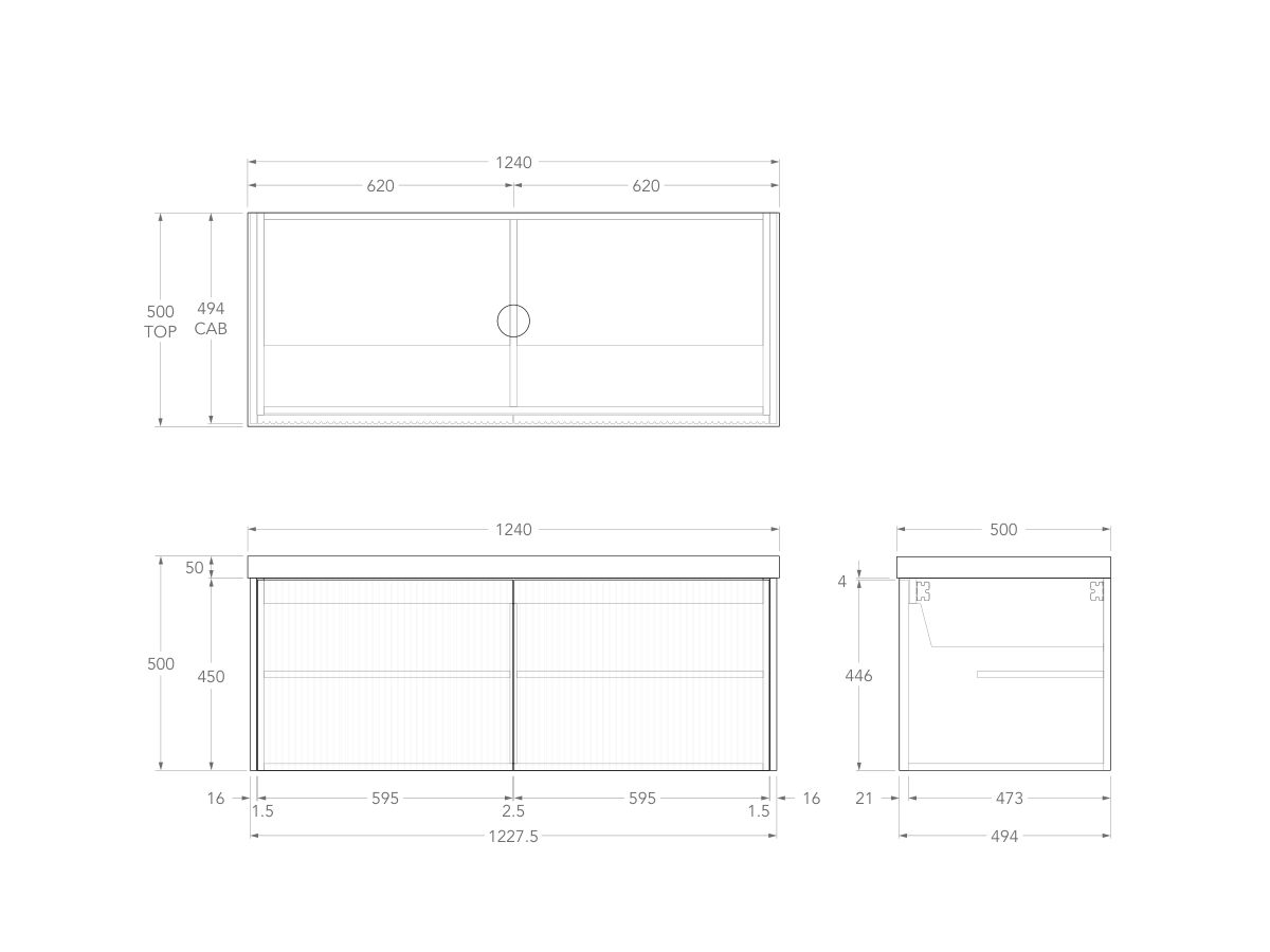 Technical Drawing - Kado Neue Fluted Square All Door 1200mm Wall Hung Vanity with Centre Basin 50mm Top