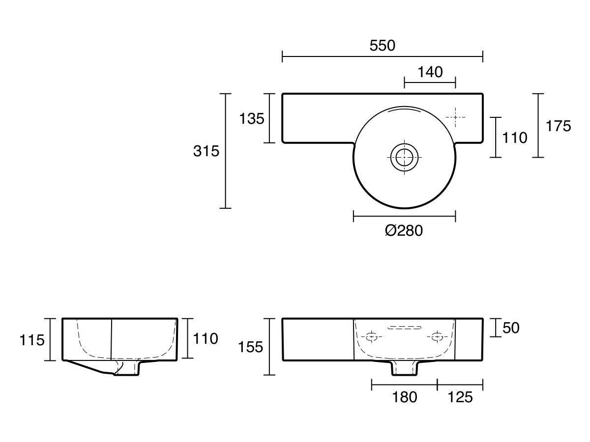 Technical Drawing - LAUFEN Val Wall Basin Right Hand Bowl 550mm x 315mm 1 Taphole with Overflow