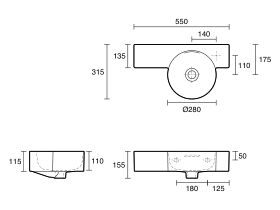 Technical Drawing - LAUFEN Val Wall Basin Right Hand Bowl 550mm x 315mm 1 Taphole with Overflow