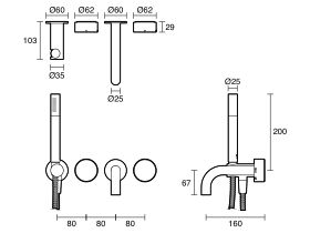 Technical Drawing - Sussex Pure Elemental Progressive Bath Mixer System with Handshower 160mm