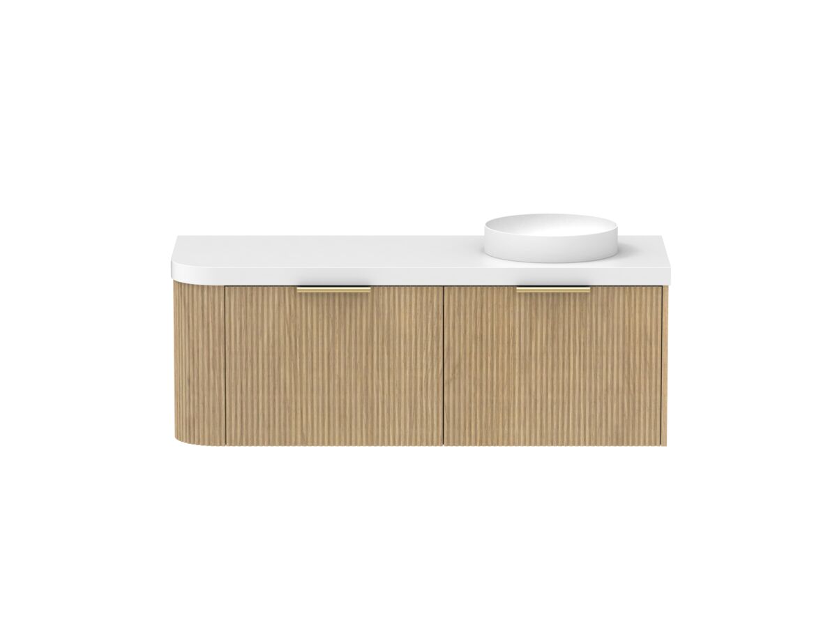 Supporting Image - Kado Neue Fluted Single Curve All Drawer 1350mm Wall Hung Vanity with Right Hand Basin Durasein 50mm Top Boston Oak