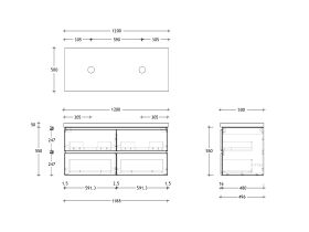 Technical Drawing - Posh Domaine 1200mm Wall Hung Twin Vanity Unit All-Drawer Double Bowl 50mm Top