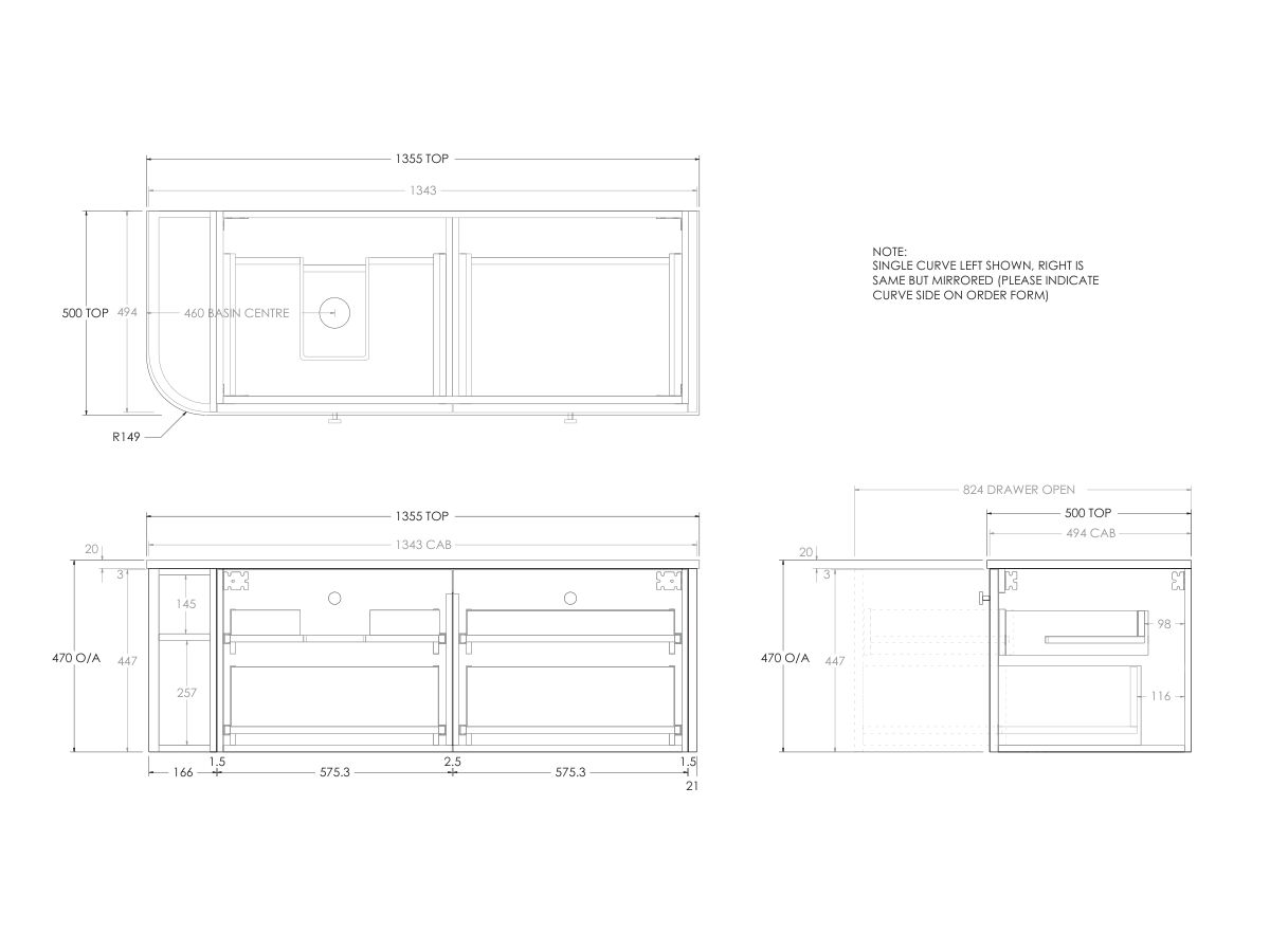 Technical Drawing - Kado Era Single Curve All Drawer 1350mm Wall Hung Vanity with Left Hand Basin 20mm Top