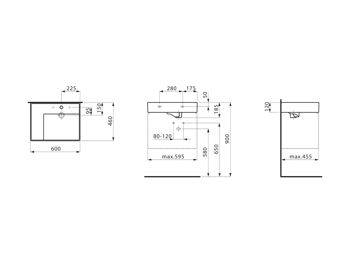 Technical Drawing -  LAUFEN Kartell Wall Basin with Shelf Right Hand Bowl 600mm x 460mm 1 Taphole