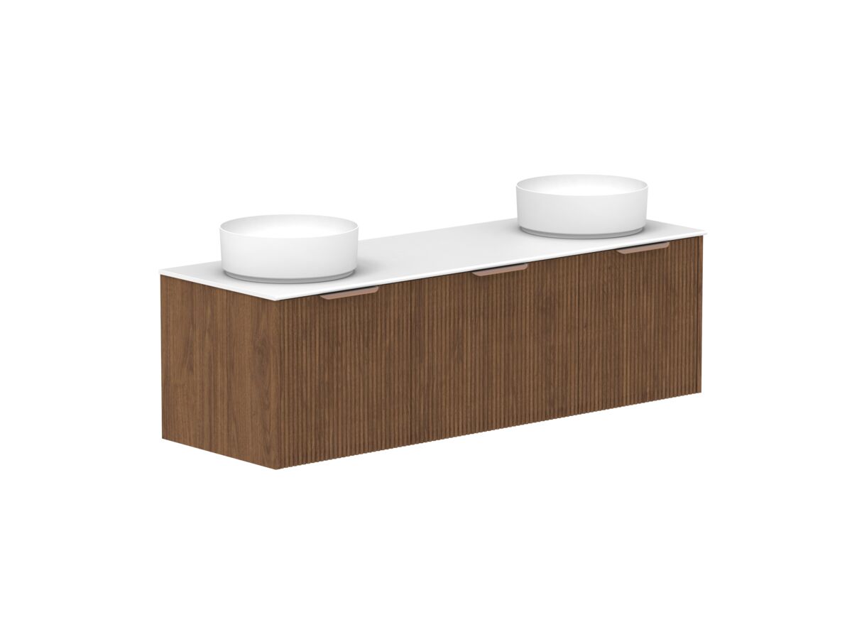 Hero - Kado Neue Fluted Square All Drawer 1500mm Wall Hung Vanity with Double Basin Durasein 12mm Top Florentine Walnut