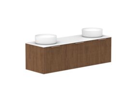 Hero - Kado Neue Fluted Square All Drawer 1500mm Wall Hung Vanity with Double Basin Durasein 12mm Top Florentine Walnut