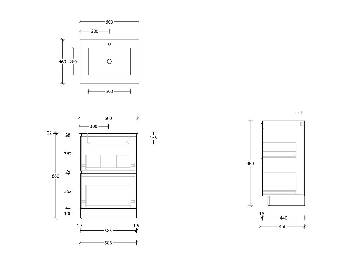 Posh Domaine & Domaine Plus All-Drawer Twin 600mm Floor Mounted Vanity Unit Cast Marble Top Centre Basin