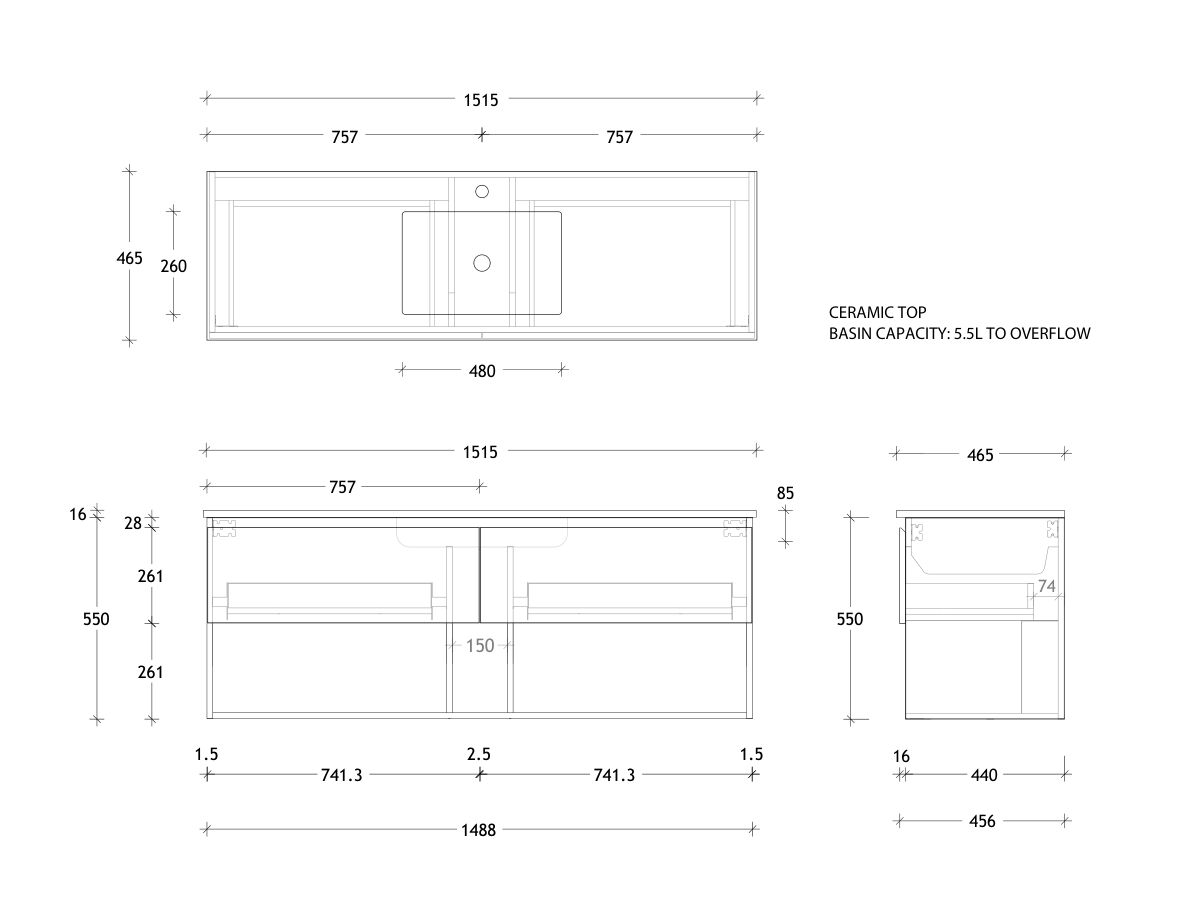 Posh Domaine Shelf All-Drawer 1500 Single Wall Hung Ceramic