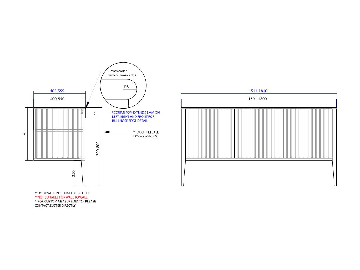 ISSY Custom Cloud I 1501-1800mm x 400-550mm x 700-800mm Vanity Unit with Legs 3 Touch Latch Doors (No Basin)