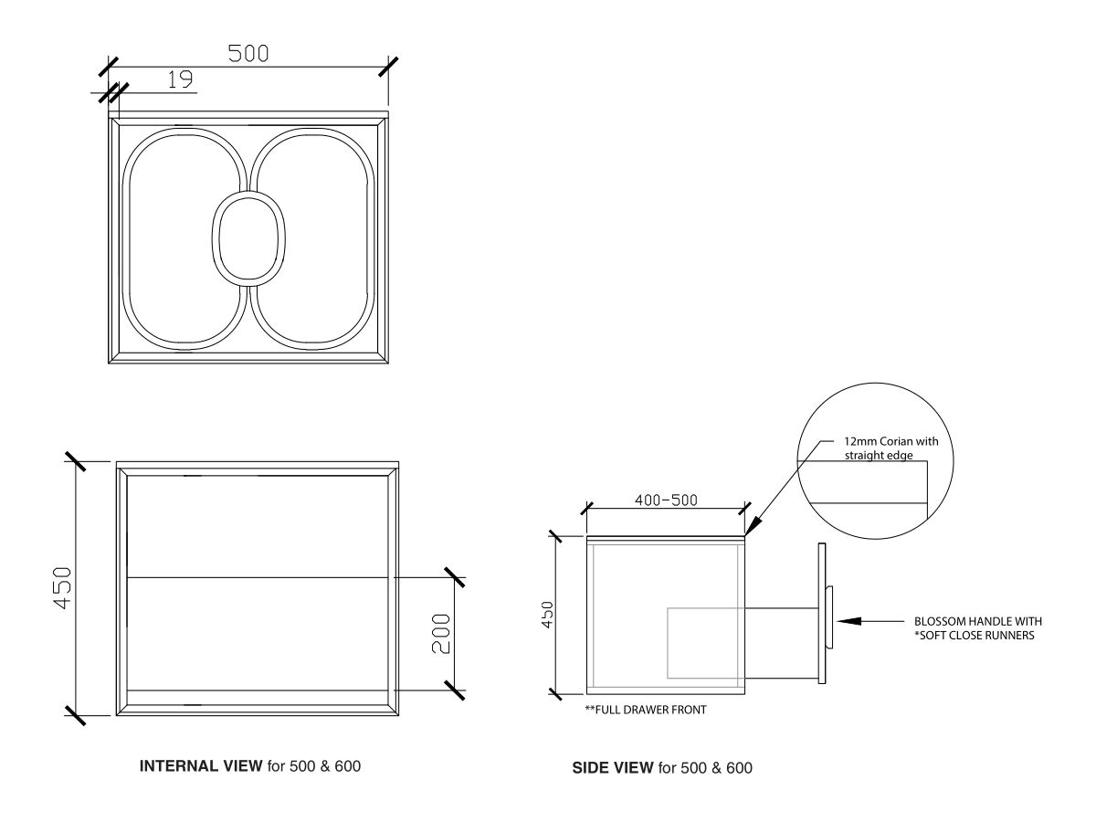 ISSY Blossom II 500 x 400-500 x 450 Vanity Unit with One Soft Close Drawer Only, No Internal Drawer, with Handle